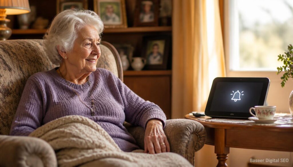 Senior woman relaxing in a warm living room beside a smart display showing a daily reminder