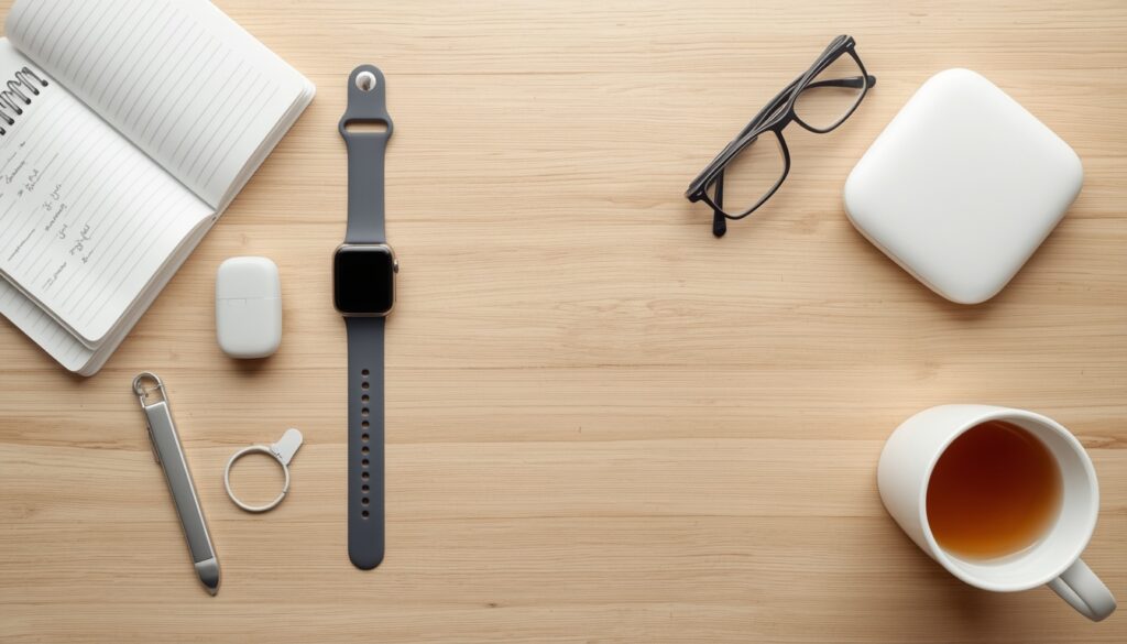 Flat-lay of generic medical alert watch, pendant, mobile device, and home base unit for comparison