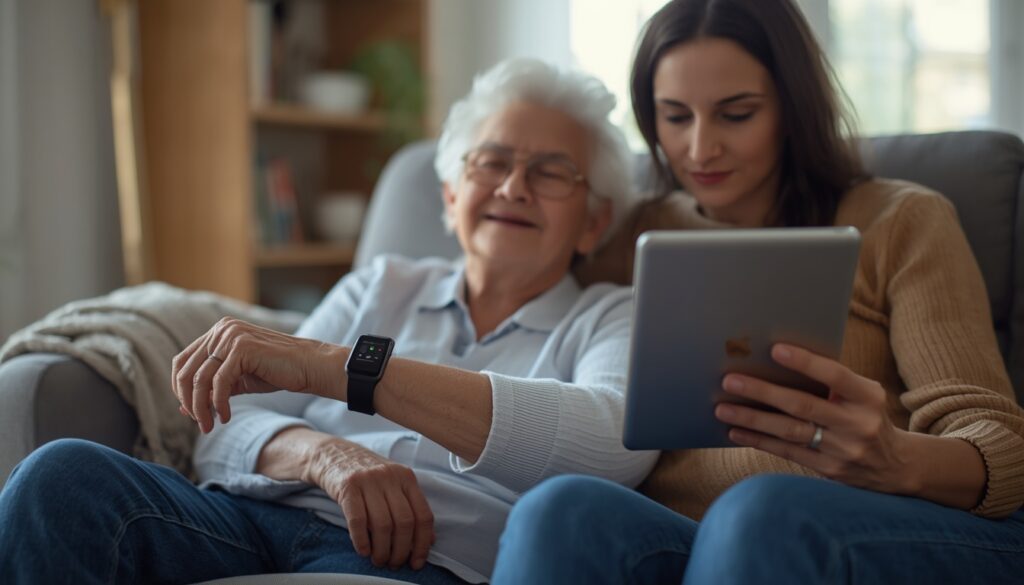 Older woman wearing a medical alert smartwatch while her daughter checks a caregiver app on a tablet at home