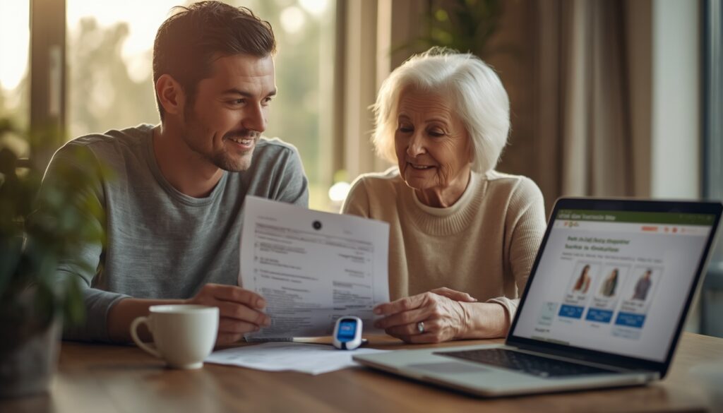 Adult son and elderly mother reviewing a checklist while choosing a medical alert pendant at a table