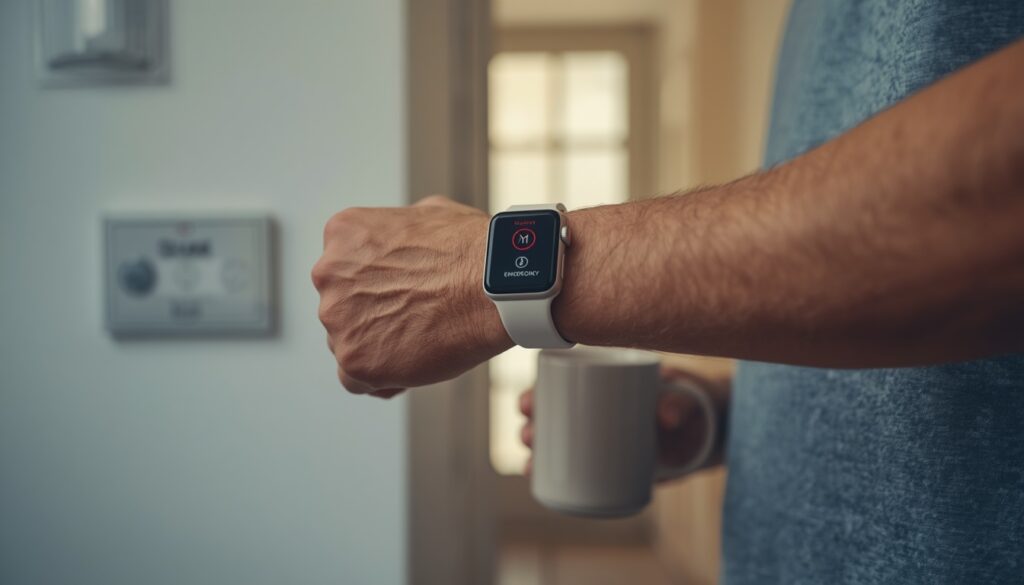 Close-up of a senior’s wrist wearing a smartwatch with an emergency button in a bright kitchen