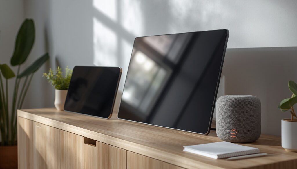 Three smart displays and speakers arranged side by side for comparing options for older adults
