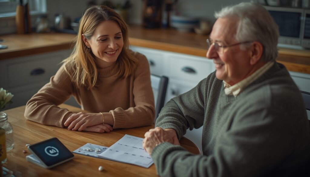 Adult daughter and elderly father setting up medication reminders with a pill organizer and smart display